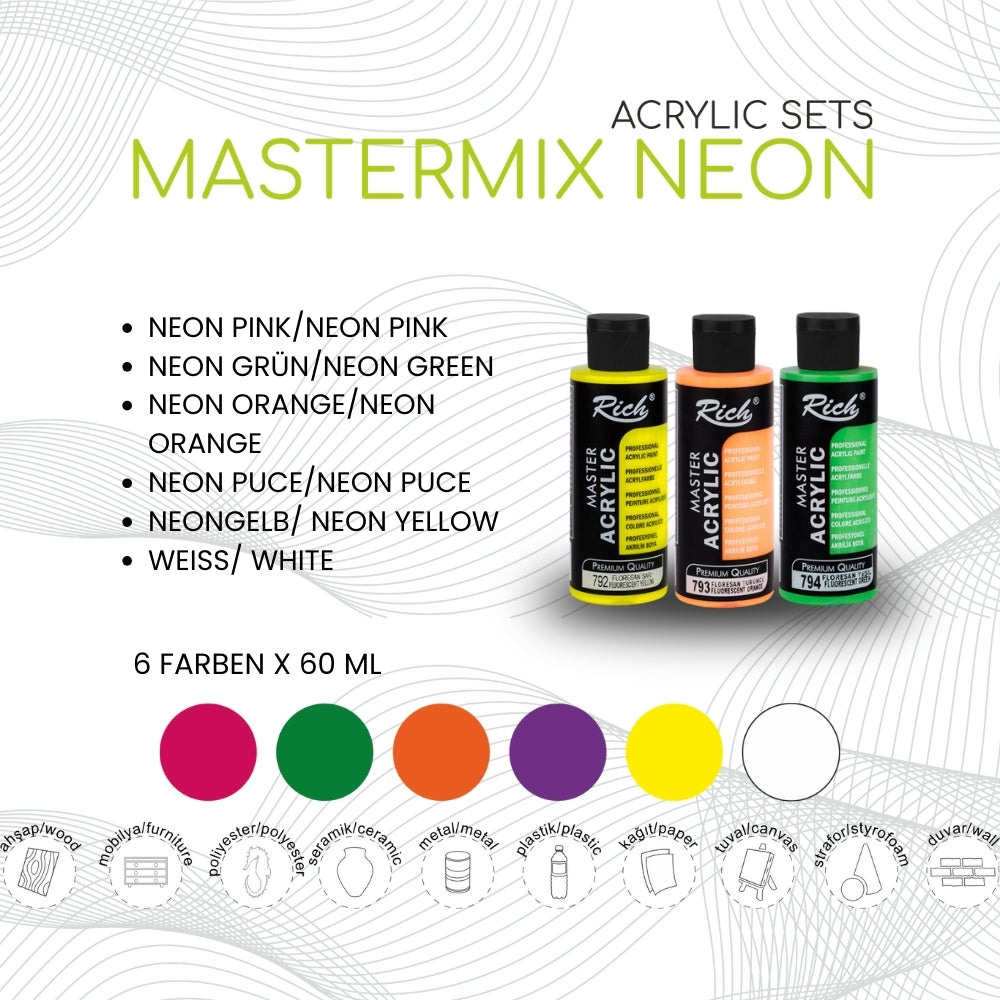 RICH MASTERMIX Neon Acrylfarben-Set 6 Farben - 60 ml