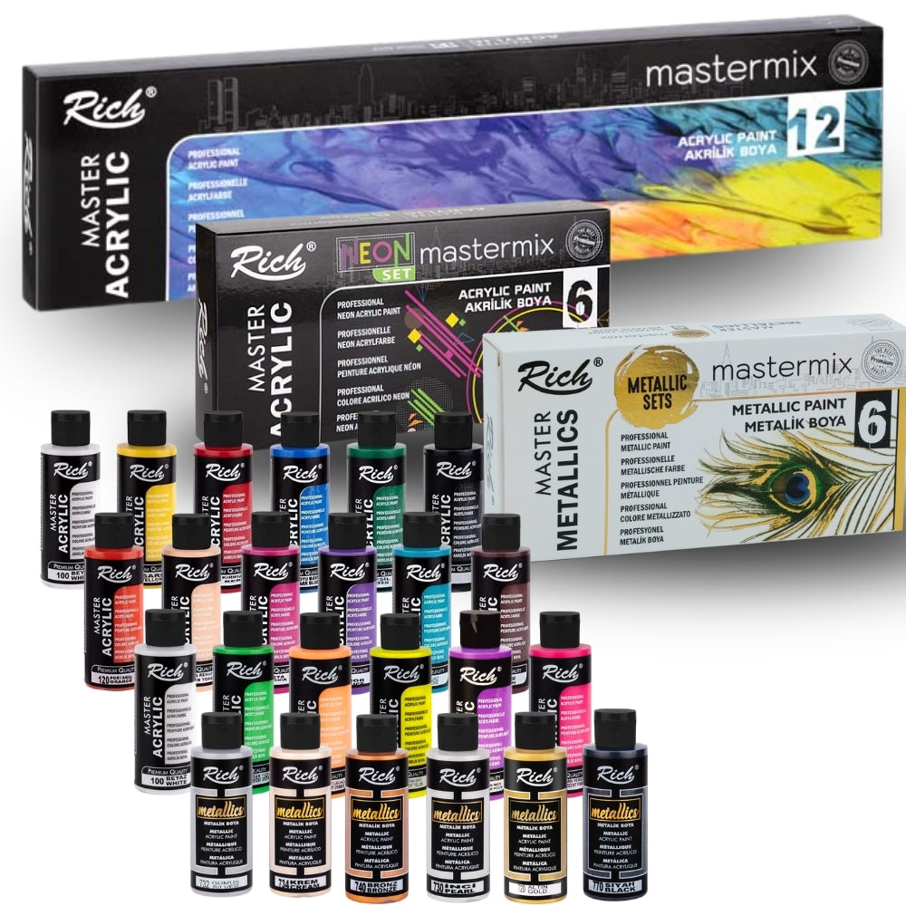 RICH MASTERMIX Acrylfarben 24 Farben Set - 60 ml (Standard, Neon, Metallic)