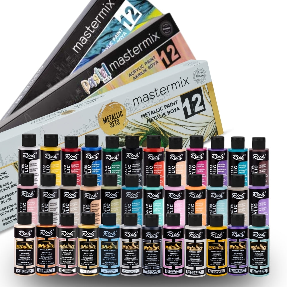 RICH MASTERMIX Acrylfarben 36 Farben Set - 60 ml (Standard, Pastell, Metallic)