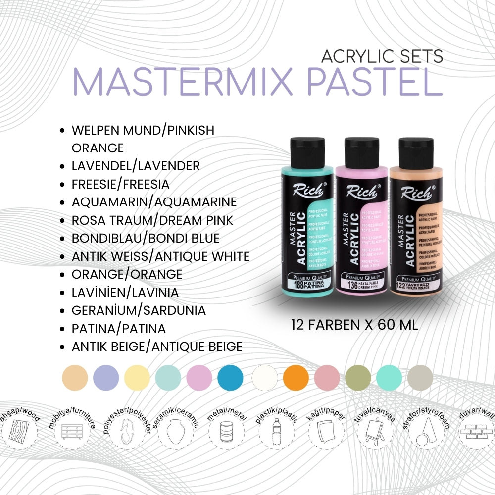 RICH MASTERMIX Acrylfarben 36 Farben Set - 60 ml (Standard, Pastell, Metallic)