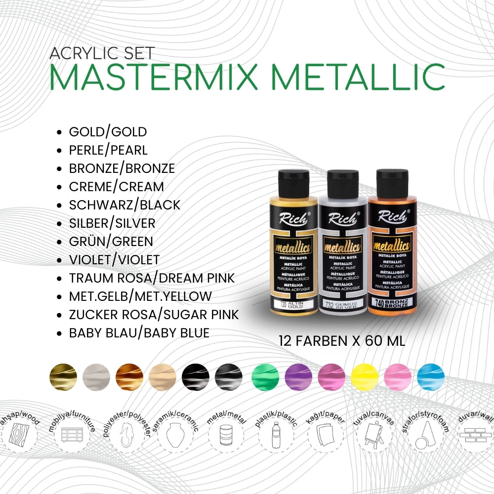 RICH MASTERMIX Acrylfarben 36 Farben Set - 60 ml (Standard, Pastell, Metallic)
