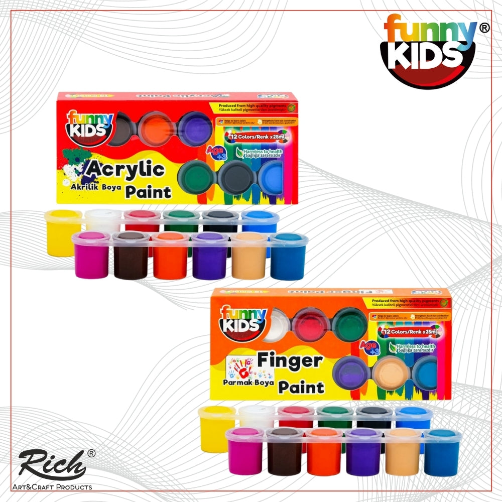 FUNNY KIDS Acrylfarben Set & Fingerfarben Set - 12x25 ml (jeweils 12 Farben)