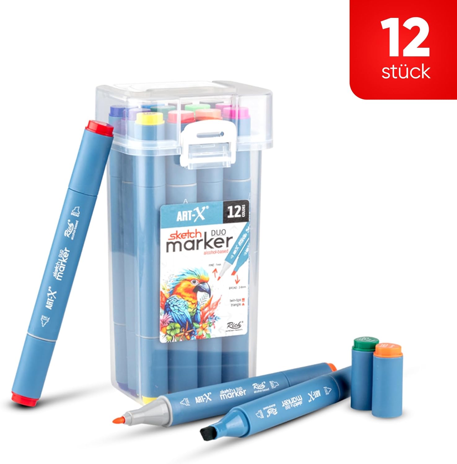 ART-X Doppelspitzen Skizzen Marker Set - 12 Farben, Alkoholbasiert, Sketch Marker