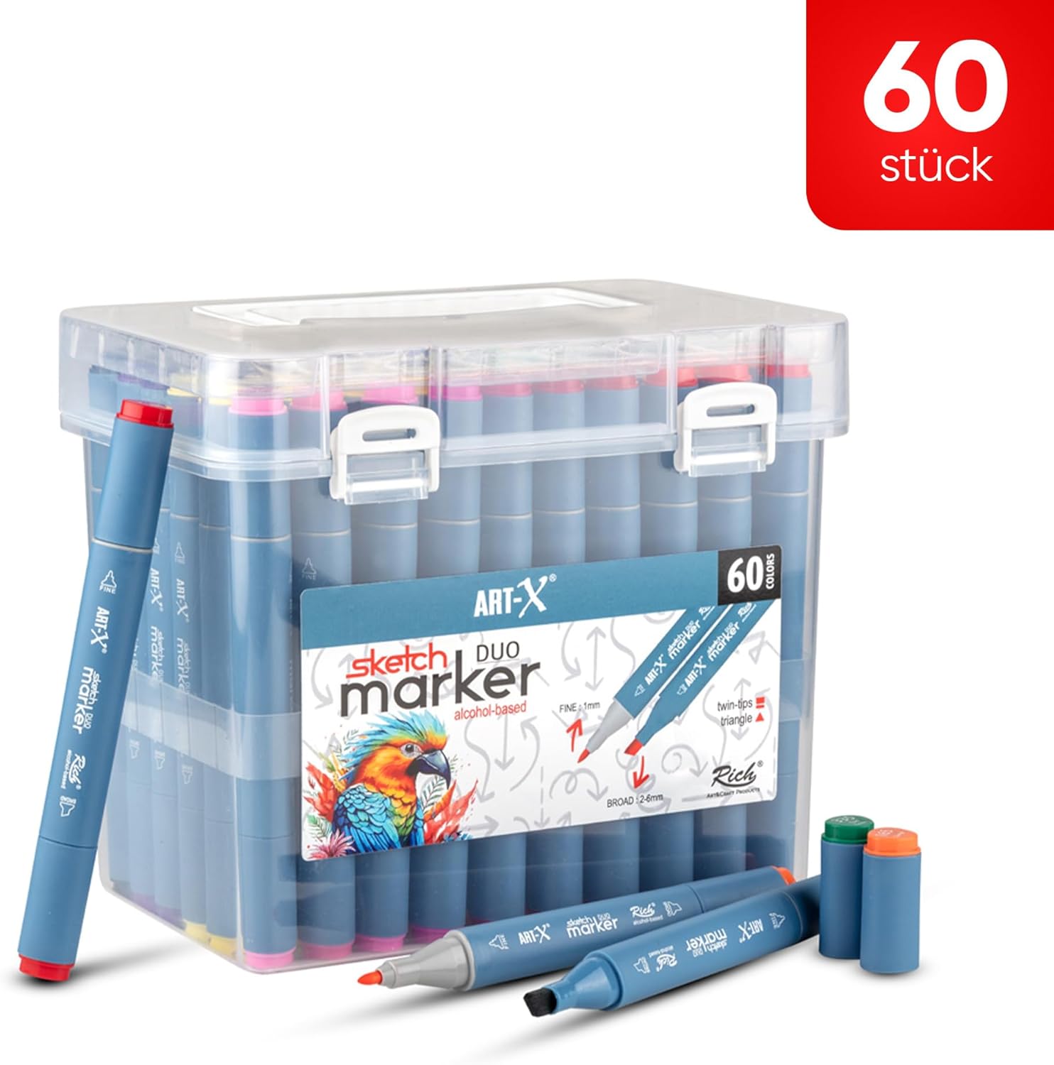 ART-X Doppelspitzen Marker Set - 60 Farben, Alkoholbasiert, Sketch Marker