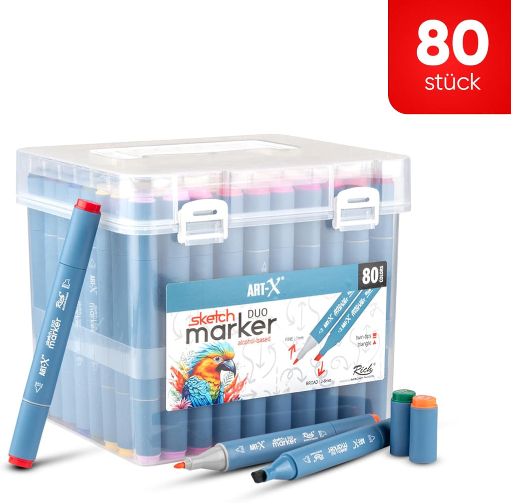 ART-X Doppelspitzen Marker Set - 80 Farben, Alkoholbasis, Sketch Marker