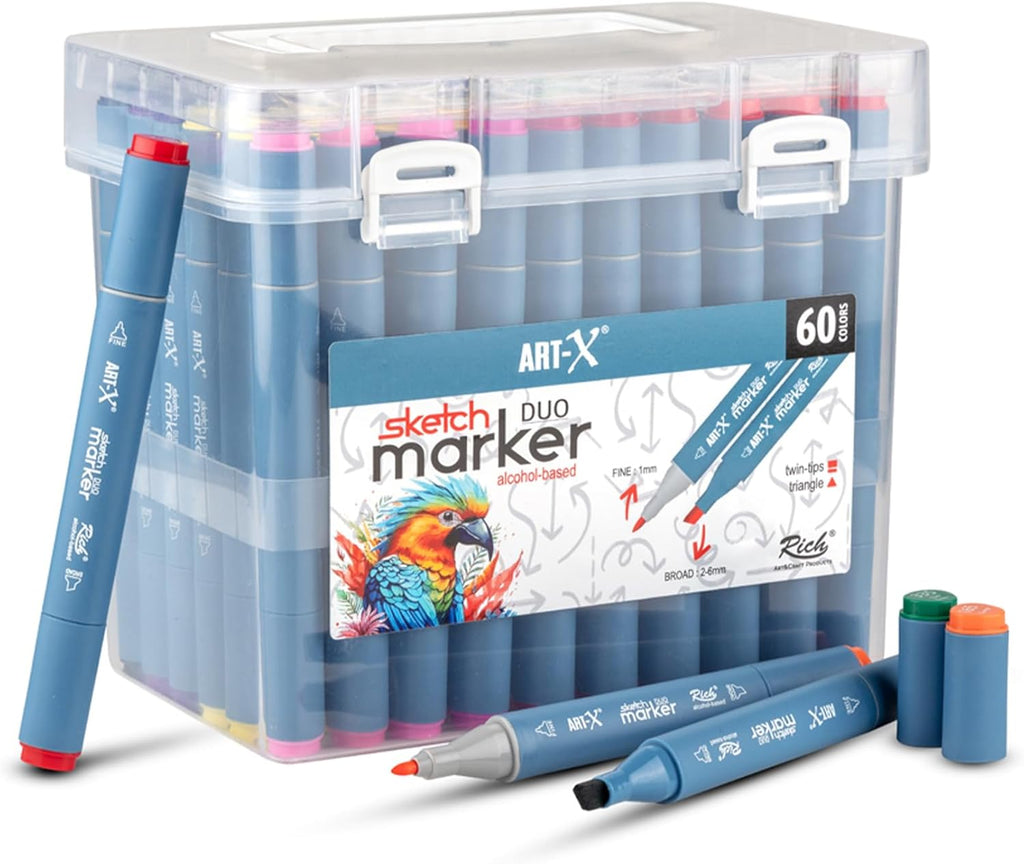 ART-X Doppelspitzen Marker Set - 60 Farben, Alkoholbasiert, Sketch Marker